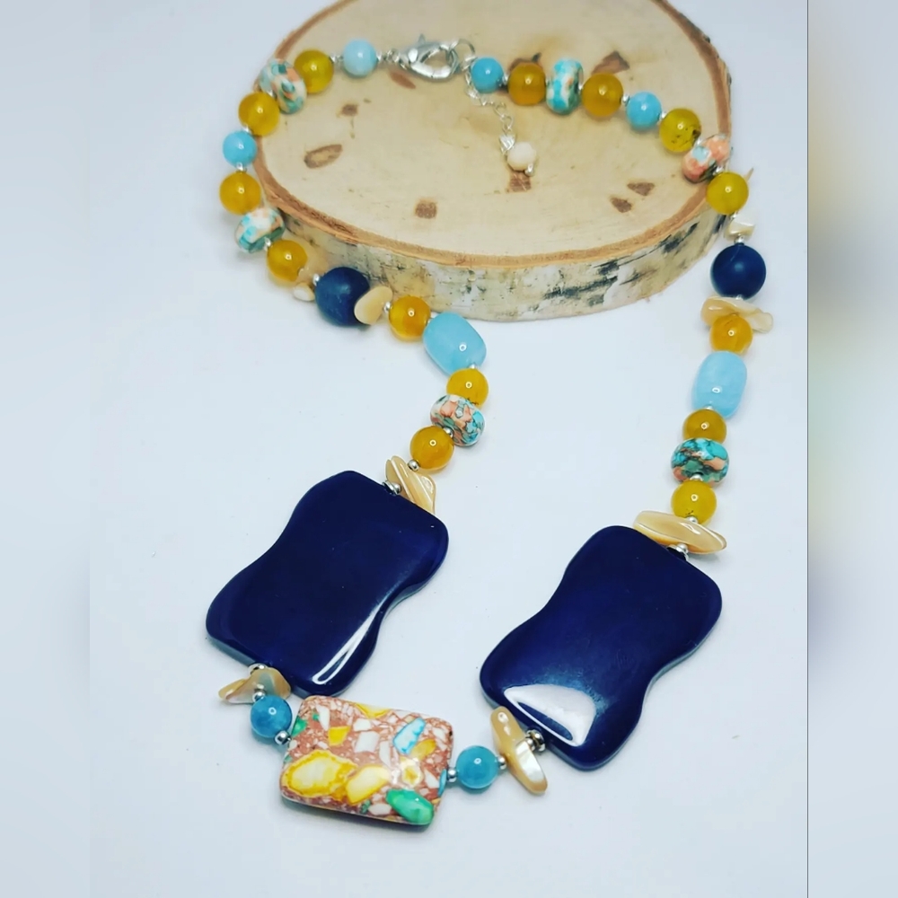 Blue and Yellow Agate, Impression Jasper handcrafted necklace
